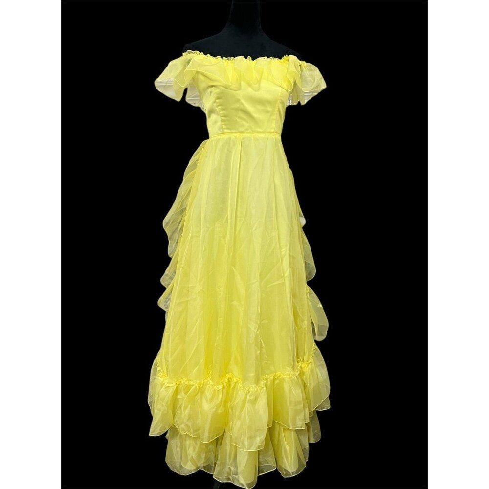 Vtg 70s Yellow Cottagecore Dress Sz 2 Maxi Organza Off Shoulder Ruffles Romantic